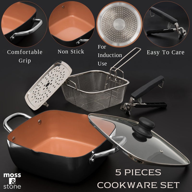 Moss & Stone Copper 5 Piece Set Chef Cookware  9.5  Non Stick Pan  Deep Square Pan  Fry Basket  Steamer Tray  Dishwasher & Oven Safe  5 Quart Copper Pot Set  Black Induction Cookware Set - Image 3